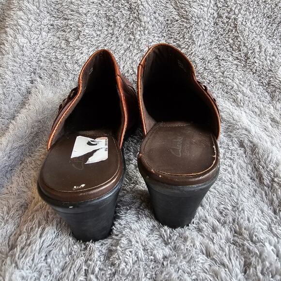 Clarks Womens Bendables Leather Chunky Heel Slip‎ On Mules Clog Size 7M Brown - Picture 3 of 5